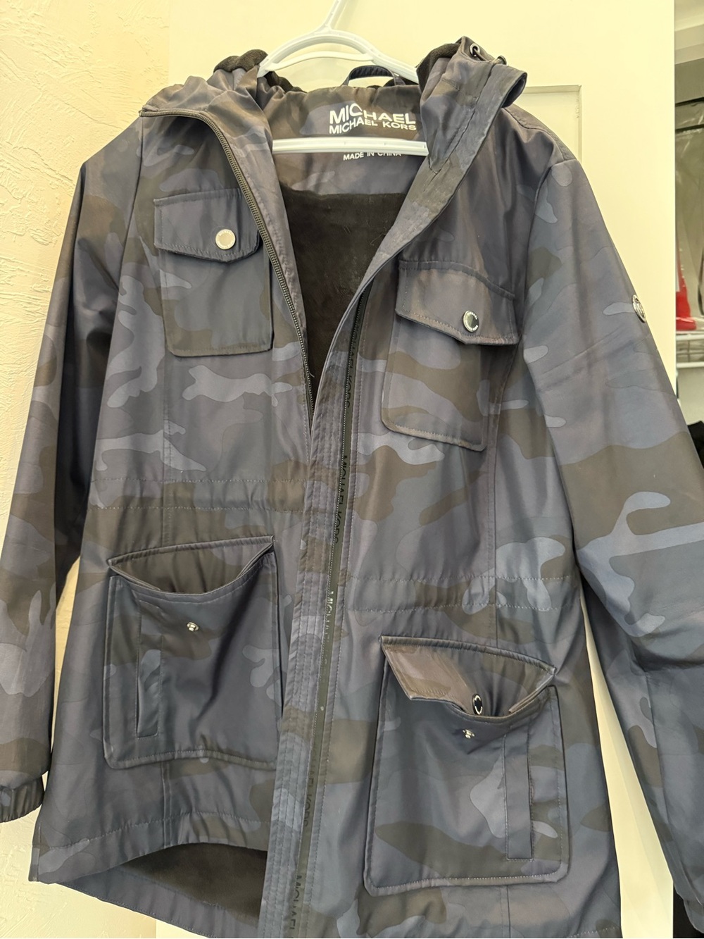 Michael Kors women’s Gray Navy Camouflage Hooded Field Jacket